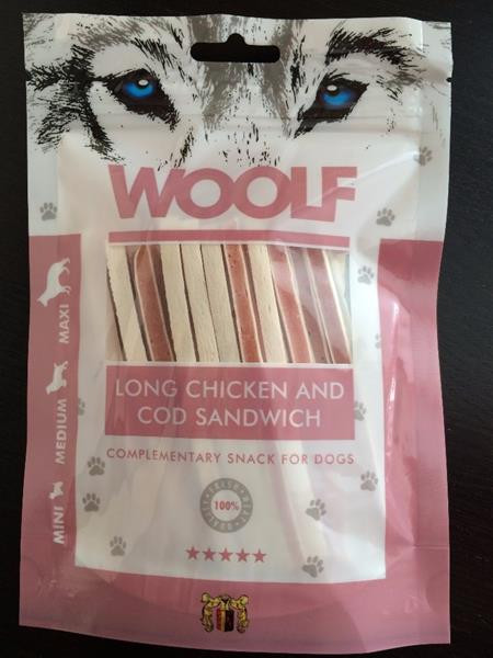 Pamlsok Woolf Dog Chicken & Codfish Soft Sandwich LONG 100 g