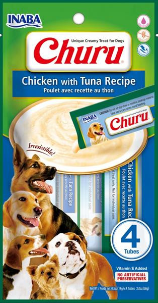 Pamlsok Inaba Churu Pyré dog Kura s tuniakom 4 tuby 56 g