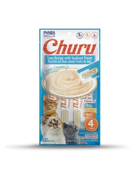 Pamlsok Inaba Churu Pyré cat Tuniak s morskými plodmi 4 tuby 56 g