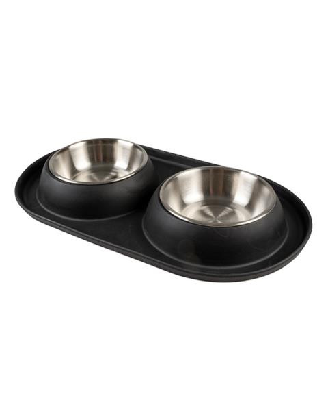 Miska DUVO+ Podložka s dvomi miskami nerez gumená čierna s priemerom 14,3 cm 2 x 420 ml