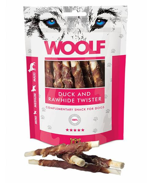 Pamlsok Woolf Dog Duck and Rawhide Twister 100g