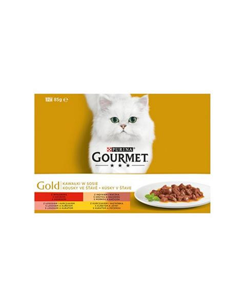 Nestlé GOURMET GOLD Multipack hovädzie, morka s kačicou, losos s kuraťom, kura s pečeňou v šťave konz.12x85 g