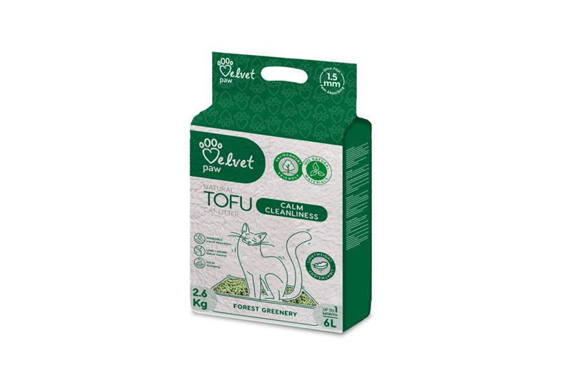 Podstielka pre mačky Velvet Paw Tofu upokojujúca čistota s esenciou lesnej zelene 6 l 