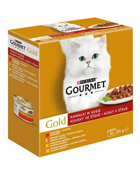 Nestlé GOURMET GOLD Multipack hovädzie, morka s kačicou, losos s kuraťom, kura s pečeňou v šťave konz.8x85 g