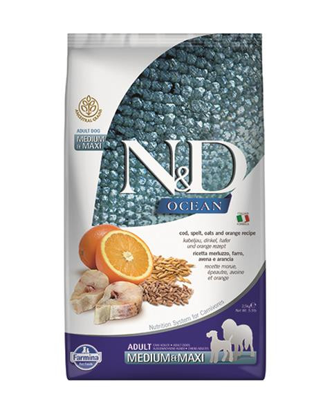 Farmina N&D dog OCEAN (AG) adult medium & maxi, codfish, spelt, oats & orange 2,5 kg