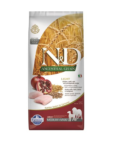 Farmina N&D dog AG adult medium & maxi, light, chicken, spelt, oats & pomegranate 12 kg