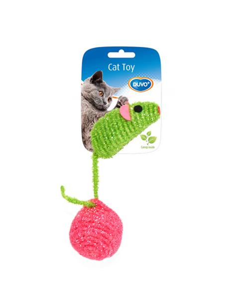 Hračka DUVO+Myš s loptou, nylon, zelená/ružová 10x4x4cm