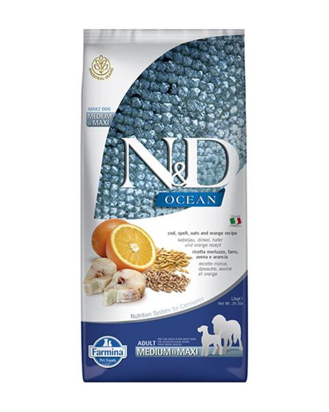 Farmina N&D dog OCEAN (AG) adult medium & maxi, codfish, spelt, oats & orange 12 kg