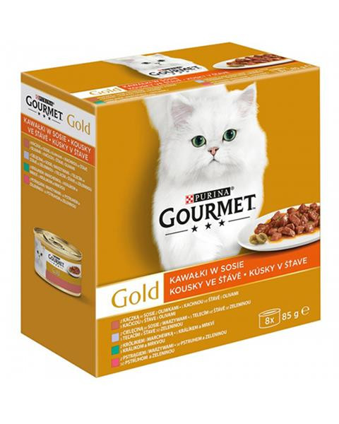 Nestlé GOURMET GOLD Multipack kačica s olivami/teľacim so zeleninou/pstruh so zeleninou/králik s mrkvou v šťave konz.8x85 g