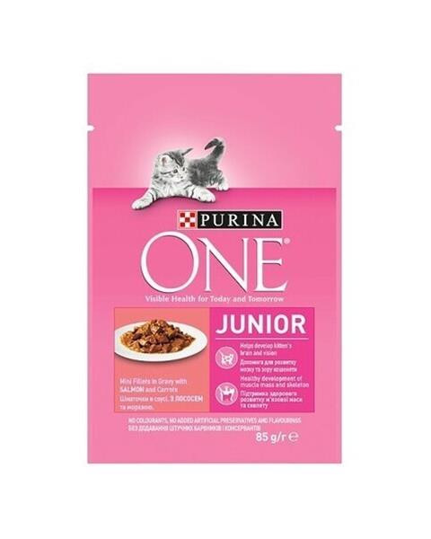 Nestlé PURINA ONE cat Junior mini filetky s lososom a mrkvou v šťave 26x85g