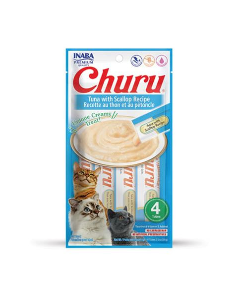Pamlsok Inaba Churu Pyré cat Tuniak s hrebenatkou 4 tuby 56 g
