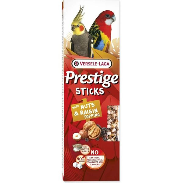 Pamlsok VL Prestige Small Parrots with Nuts & Raisin topping 2 ks- tyčinky pre stredné papagáje orechy a rozenková poleva 60 g