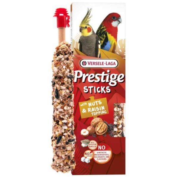 Pamlsok VL Prestige Sticks Big Parakeets with Nut & Raisin topping 2 ks- tyčinka pre stredné papagáje s orechmi a hrozienkovou polevou 140 g 