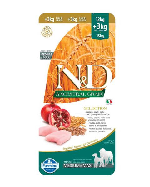 Farmina N&D dog AG SELECTION adult medium & maxi, chicken, spelt, oats & pomegranate 12 kg + 3 kg