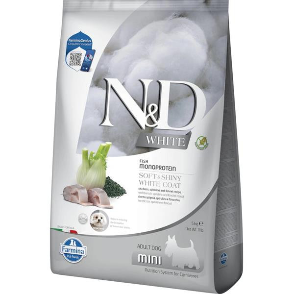 Farmina N&D dog WHITE (GF) adult mini, sea bass, spirulina & fenel 5 kg