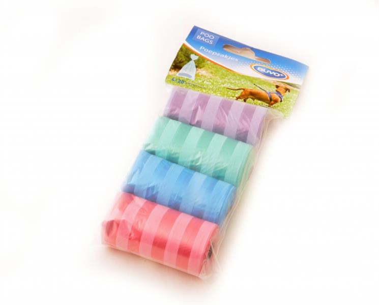 Sáčky DUVO+ na zber psích výkalov farebné s prúžkami 4 x 20 ks