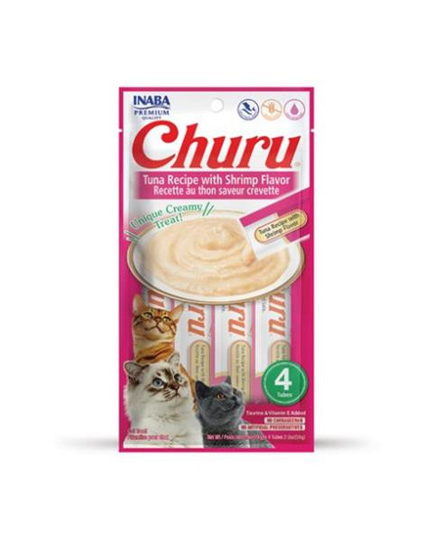 Pamlsok Inaba Churu Pyré cat Tuniak s krevetami 4 tuby 56 g