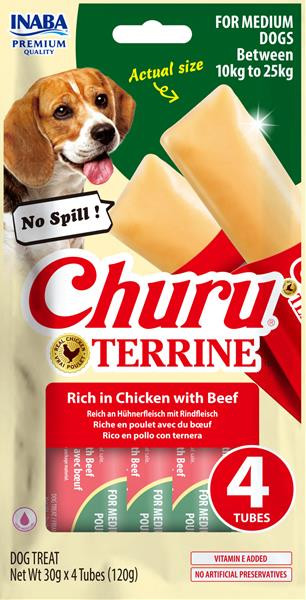 Pamlsok Inaba Churu Terrine dog kura s hovädzím 4 x 30 g