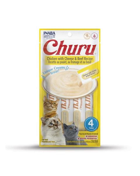 Pamlsok Inaba Churu Pyré cat Kura so syrom a hovädzím mäsom 4 tuby 56 g